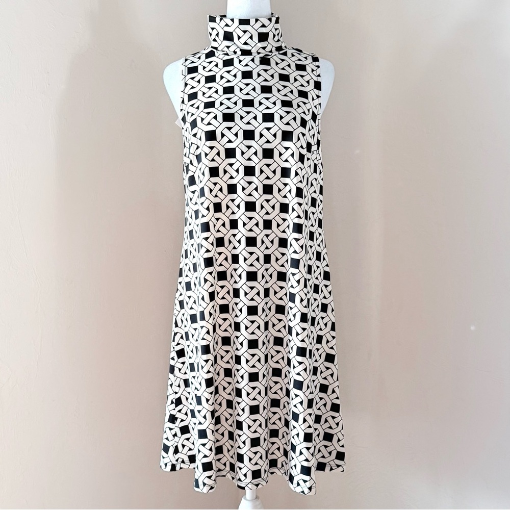 NWT Flora Bea NYC Bee Gee Maxie Geometric Chain Black & Ivory Sleeveless Dress M